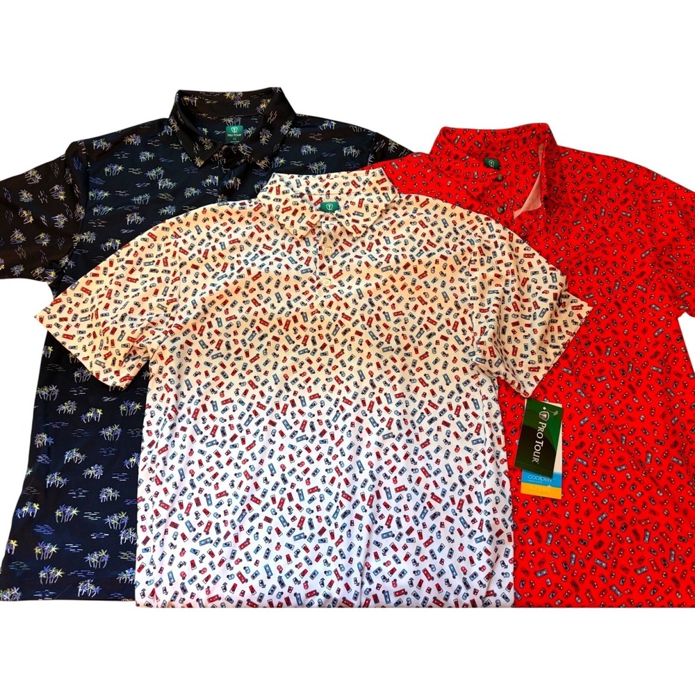 Pro Tour Mens Golf Polo Shirt Lot of 3 Moisture Wicking UPF 50 Print Medium New